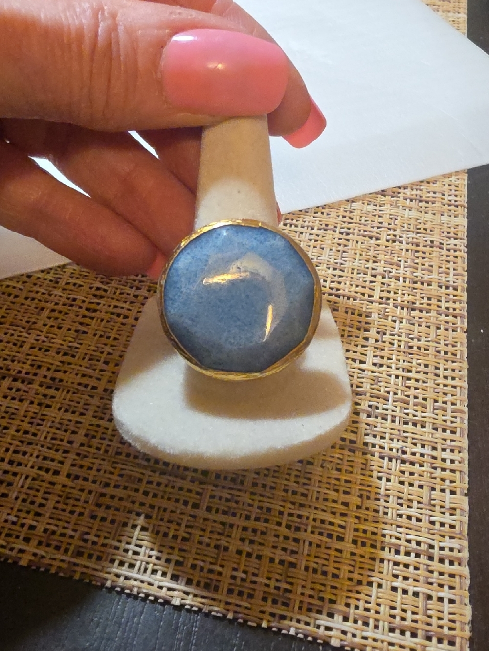 Gold-Trim Blue Cabochon Statement Ring